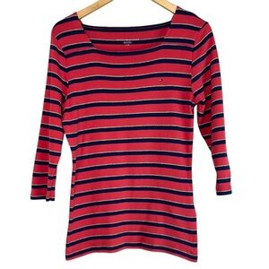 Tommy Hilfiger Y2K Striped Fitted Long Line T-Shirt 3/4 Sleeve Square Neck L